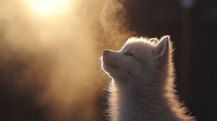 Vet using gentle touch to examine a puppy's ears while speaking softly in a brightly lit clinic Stock Photo with side copy space