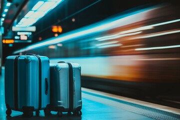 駅のホームに置かれたスーツケースと高速で通過する列車 | Suitcases on Train Platform with a Passing High-Speed Train