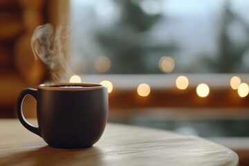 holiday cabin ambiance, a warm mug of spiced wine rests on a rustic table in a festive cabin adorned with twinkling lights and holiday decor