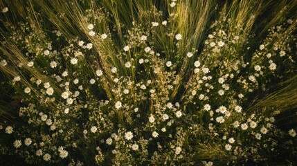 A beautiful arrangement of white flowers grows in a lush green field