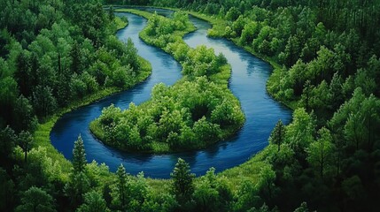 Aerial View of a Meandering River through a Forest.
