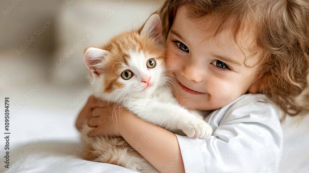 Poster child holding a kitten while a kind vet smiles and gently explains the examination process stock pho
