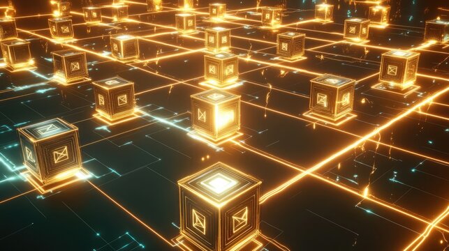 A futuristic blockchain platform visualized as a glowing digital grid with cubes representing different transactions. Each cube is surrounded by beams of light.