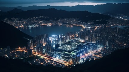 Futuristic digital circuit board overlay merging with a cityscape at sunset for a high tech vision