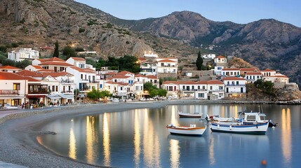 Greek Island Village at Sunset with Boats in Calm Waters