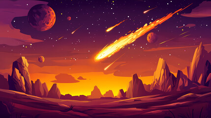 Fiery meteor shower approaching earth. Burning Meteor Shower. Illustration