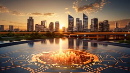 Futuristic digital circuit board overlay blending with urban cityscape at sunset