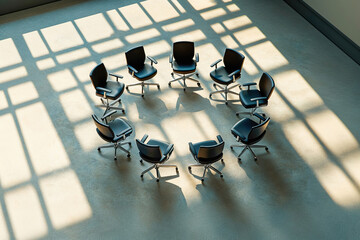 Group of office chairs arranged in a circle. Aerial view