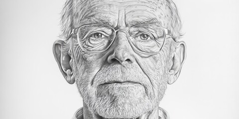 A detailed portrait of an elderly man with glasses. The artwork showcases expressive features and deep lines. The monochrome style adds depth and emotion. A captivating visual representation. AI