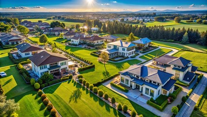 Stunning Aerial Drone Photography of Modern Real Estate on Scenic Landscape Showcasing Luxurious Homes for Sale with Clear Skies and Vibrant Surroundings