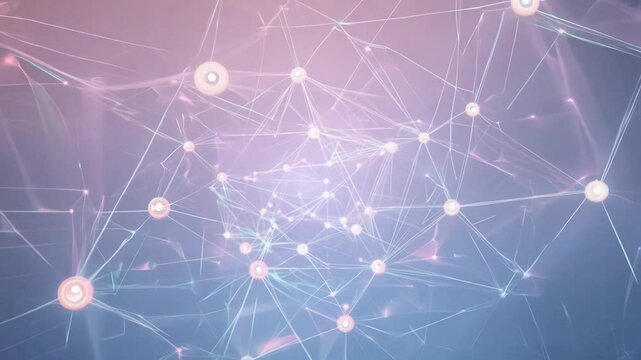 Camera slowly zooms out to reveal a complex network of interconnected nodes in a soft pastel color scheme with muted lighting.