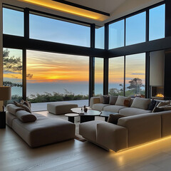 Luxurious living room with sunset ocean view and modern furnishings