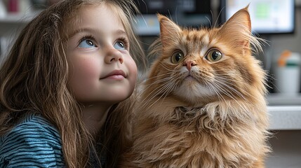 Little girl sitting beside her cat as the vet explains the diagnostic process in a friendly tone Stock Photo with side copy space