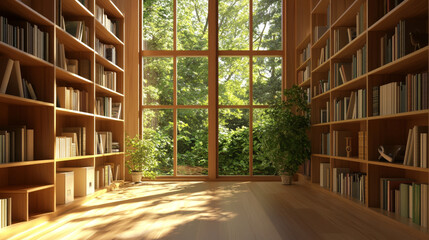 "Interior of a hallway featuring bookshelves along the walls, with natural light streaming in from windows at the end."

