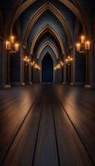 Obraz premium 3D render of a gothic castle backdrop for photography, with a floor and walls featuring a dark wood texture, hyper-realistic, against a dark night sky.