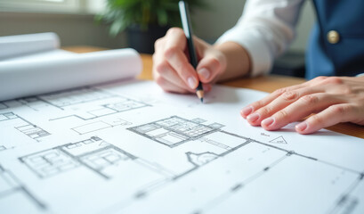 The architect's hand draws a building plan , close-up
