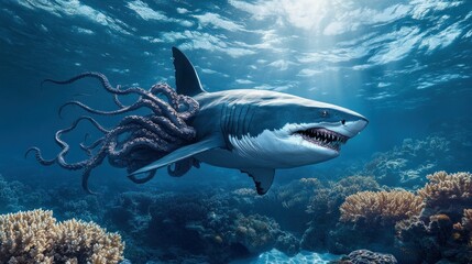 Naklejka premium Shark predators fused with the long, writhing tentacles of an octopus background wallpaper AI generated image
