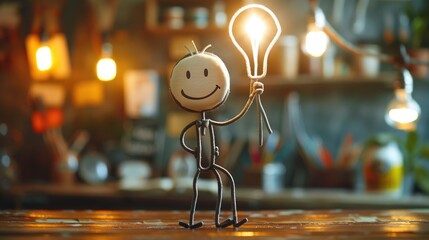 A small light bulb with a smiling face, suitable for use in illustrations and designs where a friendly and approachable tone is desired