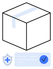Package box with a health shield icon and a verification checkmark indicating secure and safe delivery. Ideal for delivery, logistics, health compliance, security, online shopping, customer