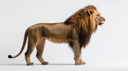 Obraz premium A majestic lion stands poised against a plain background, showcasing its powerful form.