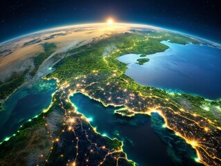 Fototapeta premium Stunning Aerial View of North Korea Illuminated at Night from Space with High Depth of Field, Showcasing Urban Areas and Natural Landscapes in Clear Detail