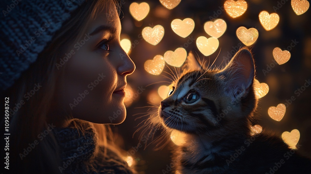 Poster Close-up of a vet examining a kitten with a glowing heart icon in the background symbolizing compassion Stock Photo with side copy space