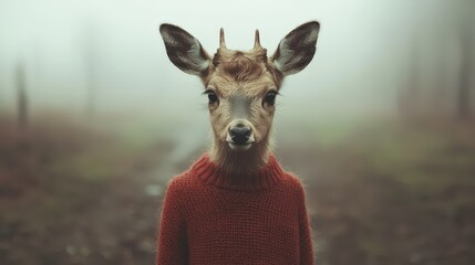 Fototapeta premium Cute Reindeer in Red Sweater Winter Foggy Forest Wildlife Photography