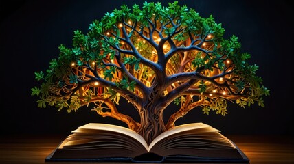 Illuminated tree growing from open book.