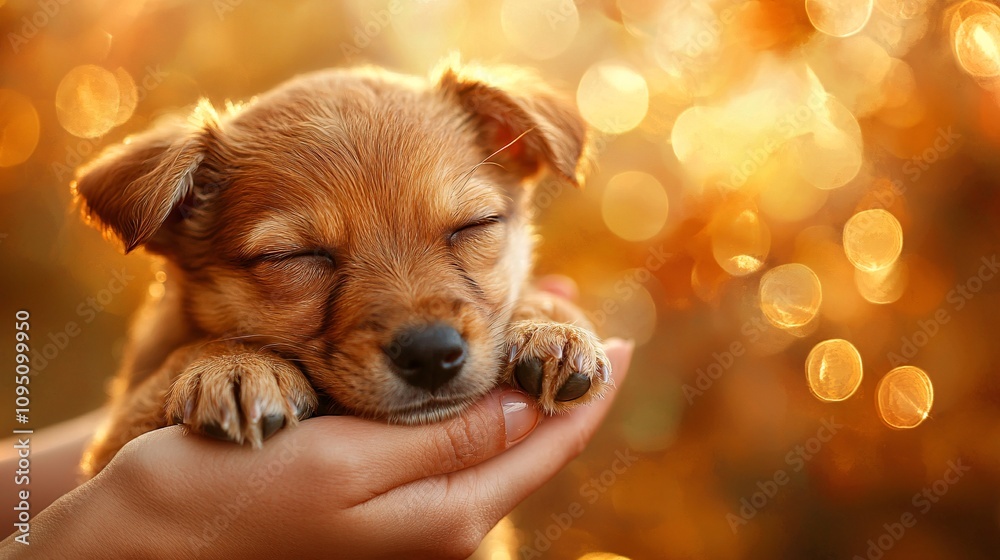 Aufkleber Puppy resting calmly on a vet's hands with soft glowing background representing love and security Stock Photo with side copy space