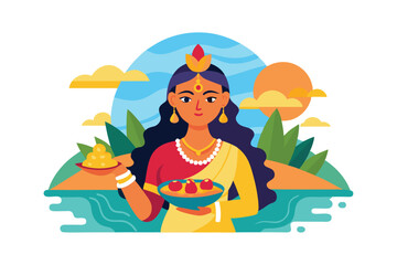 Chhath Puja Festival Vector - Traditional Indian Celebration with Offerings, Sun Worship, and Vibrant Cultural Art