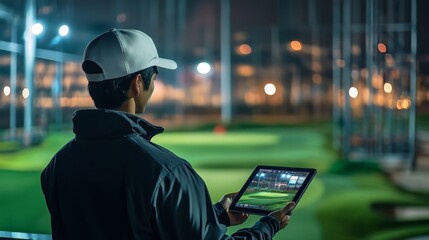 Young golfer using tablet to analyze performance at night driving range, illuminated by soft lights creating a warm atmosphere for practice and improvement