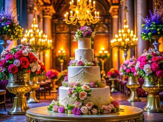 Fototapeta premium Stunning Architectural Photography of a Magnificent Wedding Cake Showcasing Exquisite Decorations and Ornaments in a Beautifully Set Venue with Captivating Details and Elegance