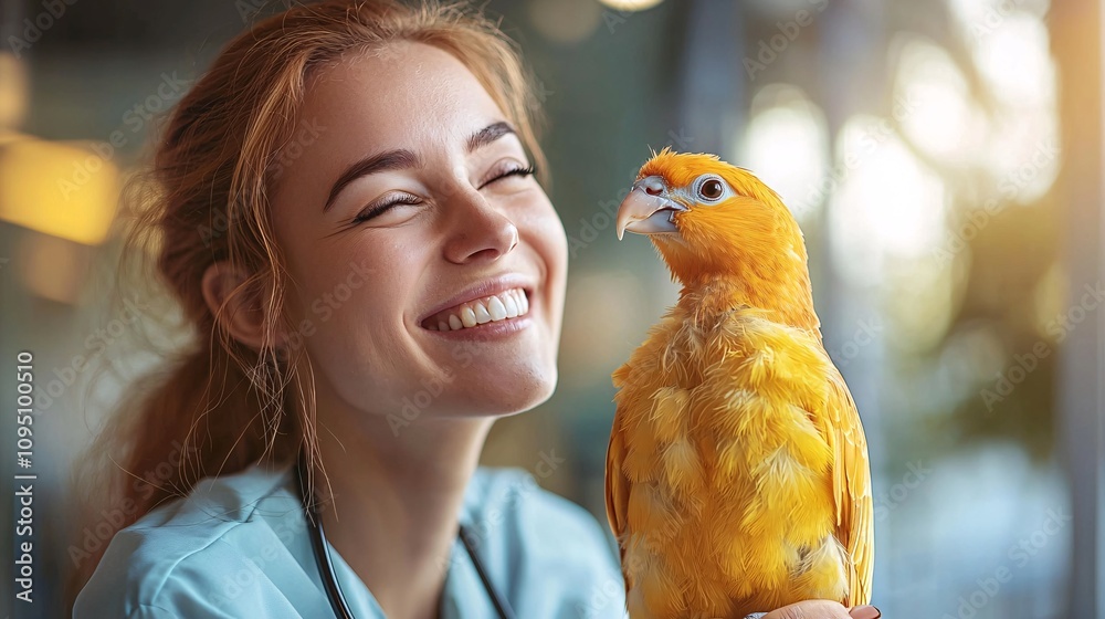 Poster Veterinarian gently checking a bird with a stethoscope in a serene clinic setting symbolizing trust Stock Photo with side copy space