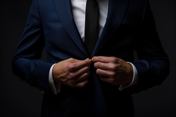 A businessman is buttoning up his suit jacket.