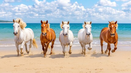 Obraz premium Majestic Horses Galloping on Sandy Beach Ocean View