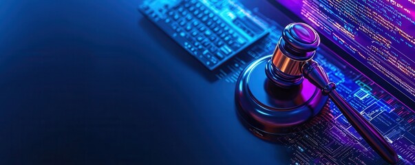Social Media Regulation Concept. A digital gavel rests beside a keyboard, symbolizing the intersection of law and technology in a vibrant, modern setting.