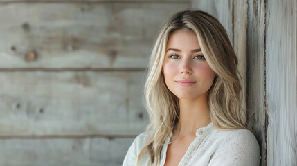 Fototapeta premium Natural Portrait of a Young Woman with Soft Lighting and Wooden Background for Warm Aesthetics