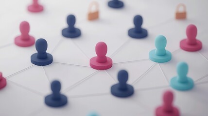 Fototapeta premium Social Media Regulation Concept. A colorful network of figurines connected by lines, symbolizing social connections, collaboration, or online interactions.