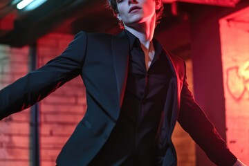 Obraz premium A woman in a black suit holds a red light, possibly for a presentation or meeting