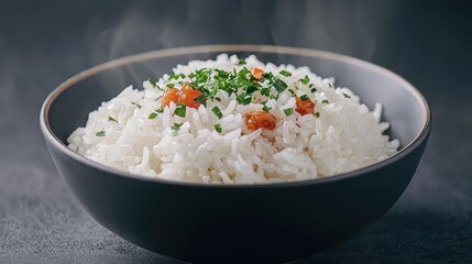 Delicious Steamed White Rice Topped with Chopped Chives and Fresh Ingredients in a Dark Bowl Captured with Steam Rising for Culinary Appeal