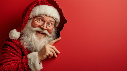 Naklejka premium santa claus pointing at copy space, empty red background