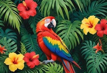 Tropical exotic pattern with animal and flowers in bright colors and lush vegetationn