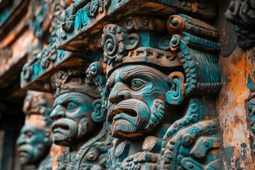 A close-up view of a statue's face on a building, suitable for architectural or historical contexts
