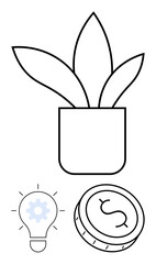 Plant in pot symbolizing growth, lightbulb for innovation, coin indicating financial success. Ideal for business strategy, startups, innovation, investment, entrepreneurship, sustainable practices