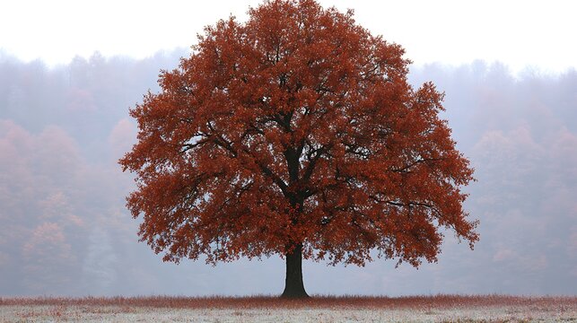 Solitary red oak tree in a foggy autumn field.