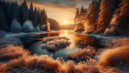 frozen lake surrounded by frosty pines with golden sunset reflections background