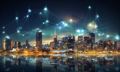 Fototapeta premium Smart city and communication network concept 5G IoT Internet of Things Telecommunication. Information exchange and fast telecommunication.