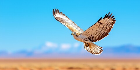 Naklejka premium Majestic Falcon Flying Over Desert Landscape with Bright Blue Sky and Distant Mountains in Background Capturing the Beauty of Nature and Wildlife