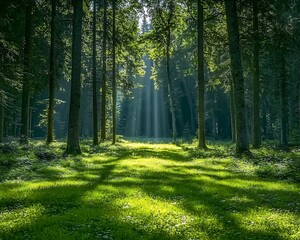 Obraz premium Visual storytelling photography narrative, Serene Forest with Sunlight Streaming Through Trees