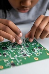 Naklejka premium Child focused on assembling electronic circuit board